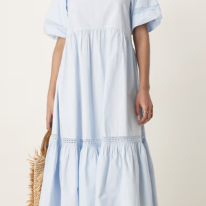 ASOS DESIGN crew neck prairie maxi dress with puff sleeves and lace details in blue